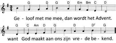 2 Bij de liturgische schikking Het thema van de adventsweken is Geloof met me mee. Vier geloofsgetuigen uit de Bijbel vertellen in deze periode wat zij geloven.