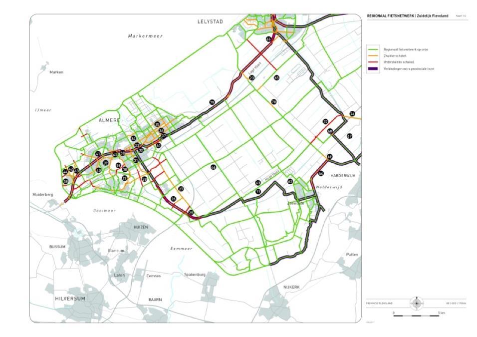 Afbeelding: regionaal basisfietsnetwerk zuidelijk Flevoland 7.6.8.2. Ontwikkelingen en uitdagingen Ontwikkelingen De elektrische fiets (e-bike) is in opkomst.