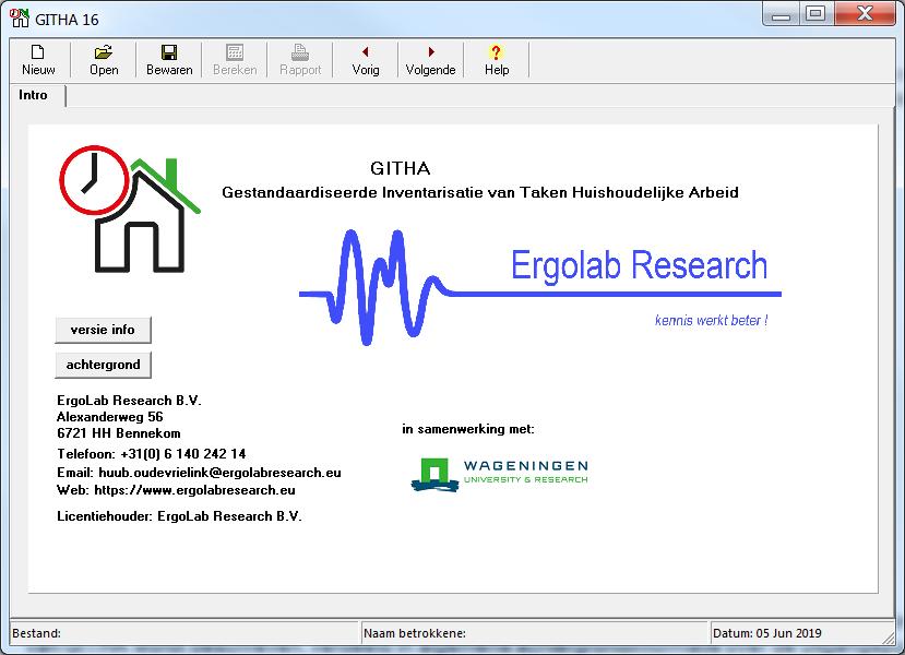 Handleiding bij GITHA 16 Versie: 07 juni 2019 Openingsscherm: Na starten opent GITHA met een introductiescherm. Naast de contactinformatie toont dit scherm twee knoppen.
