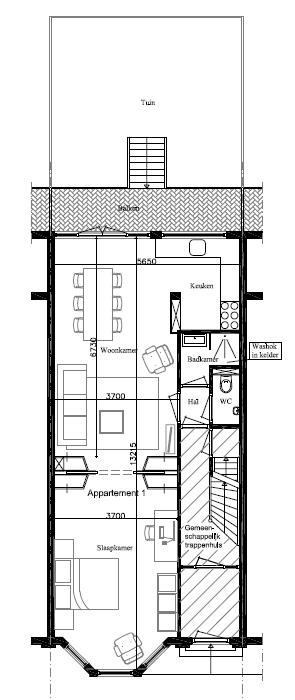 INDELING APPARTEMENT BEL ETAGE HUURPRIJS: 1.475,- excl. gas/water/elektra p.m. Dit appartement bevindt zich op de bel etage en is verdeeld in 2 kamers.