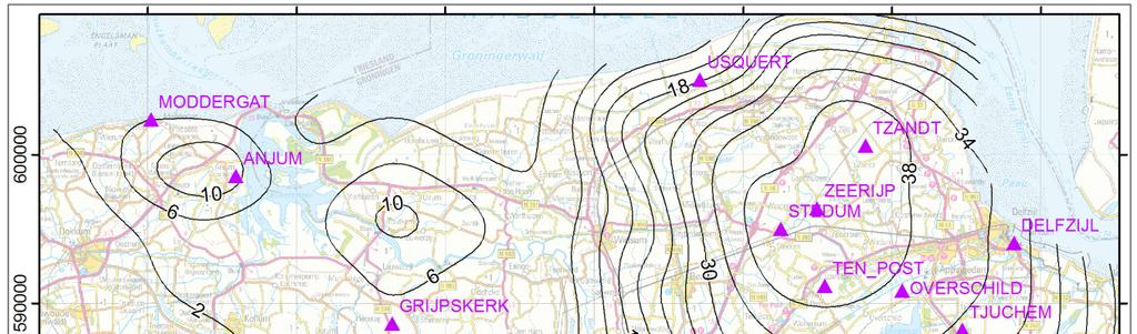 Figuur 35: In het rapportagegebied zijn 14 GPS stations geplaatst: twee in 2006 (Anjum, Moddergat), twee