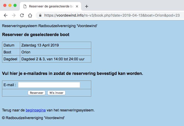 Er wordt nu een nieuwe pagina geopend waarin de details van de reservering staan, controleer deze gegevens en als dat klopt vul je je e-mailadres in, en klik op Reserveer.