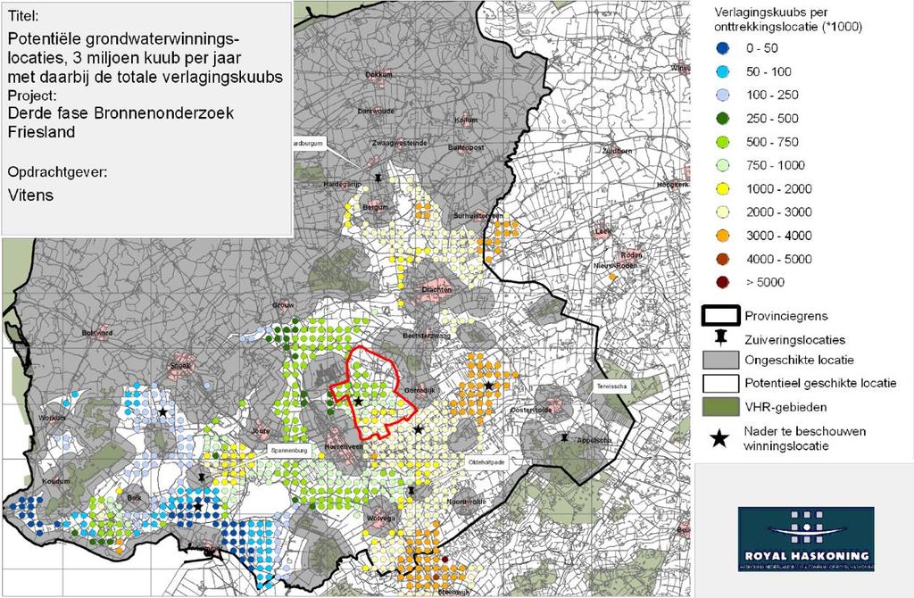 Figuur 2: kaart uit de bronnenstudie met weergegeven potentiële grondwaterwinlocaties ter grootte van 3 miljoen m 3 /jaar. Het zoekgebied Heerenveen Gorredijk is in rood aangeduid.