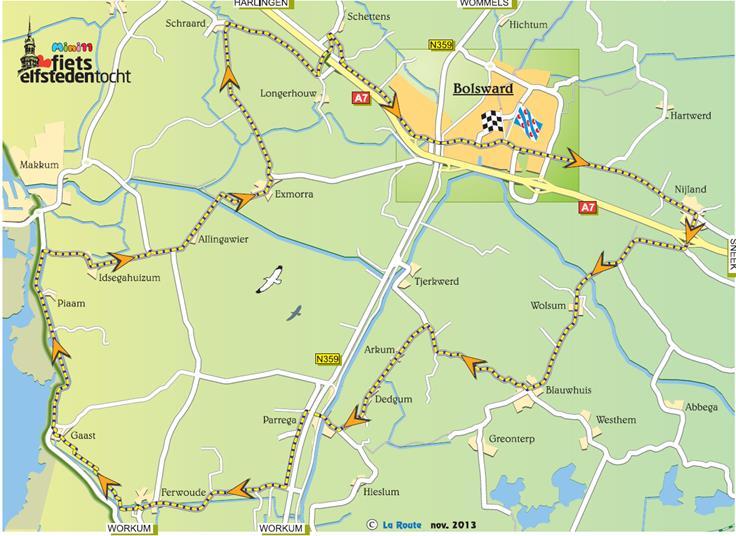 Dit jaar is de route Nijland Blauwhuis - Dedgum Parrega Ferwoude - Makkum - Bolsward. Dat ziet er op kaart als volgt uit.