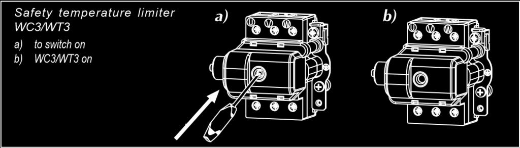 Veiligheids temperatuur begrenzer WC3/WT3 a) Aanzetten b) WC3/WT3 aan Ontluchten 1. Schakel de elektrische voeding naar de doorstromer uit. 2.