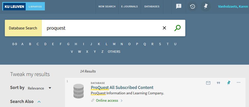 1 Start Kies in Limo (limo.libis.be) het tabblad Databases en geef in de zoekbalk ProQuest in.