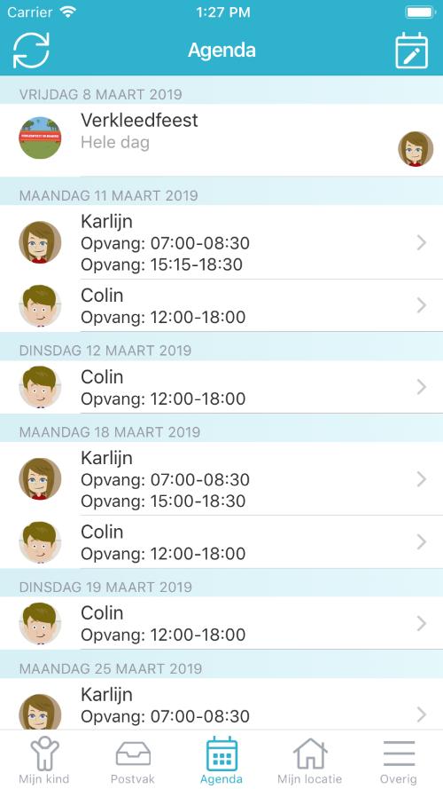 Agenda Via de knop Agenda opent de opvangkalender van je kind(eren). Hier worden de dagen getoond waarop opvang wordt afgenomen. Per kind is zichtbaar voor welke tijd de opvang plaatsvindt.