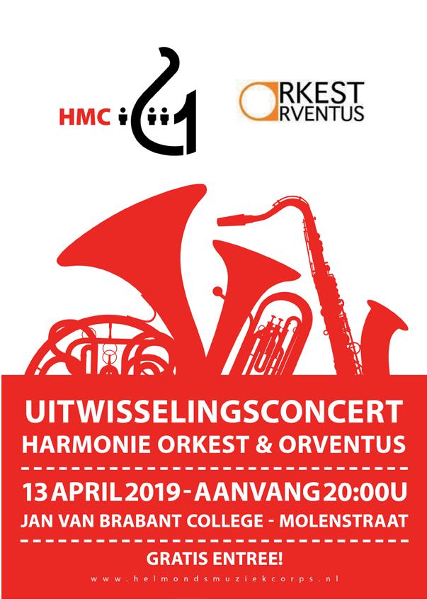 (+) Uitwisselingsconcert met orkest Orventus Op zaterdag 13 april verzorgt het harmonieorkest een uitwisselingsconcert met Orkest Orventus in de Paterskerk van het Jan van Brabant College in Helmond.