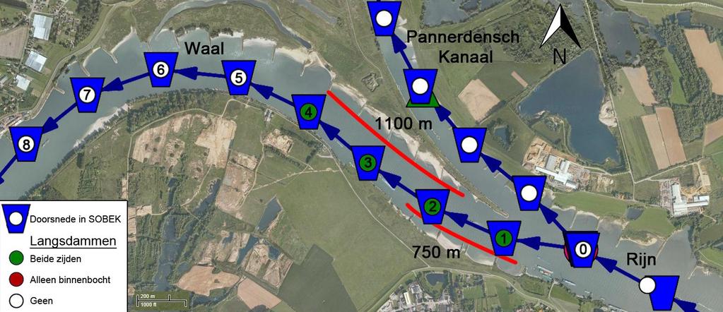 Langsdammen van 0,5 tot 2 km De keuze van de locatie van de langsdammen is toegelicht in Hoofdstuk 4. Figuur b.12 Toepassing langsdammen van 0 tot 4 km na het splitsingspunt (8) Tabel b.
