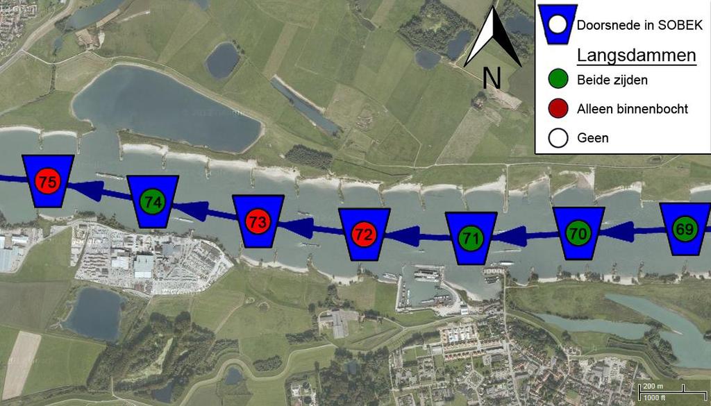 Langsdammen van 35 tot 37 km De volgende doorsnedes die aangepast worden zijn de doorsnedes 70 tot en met 74. Er vormt zich in dit stuk een bocht naar rechts.