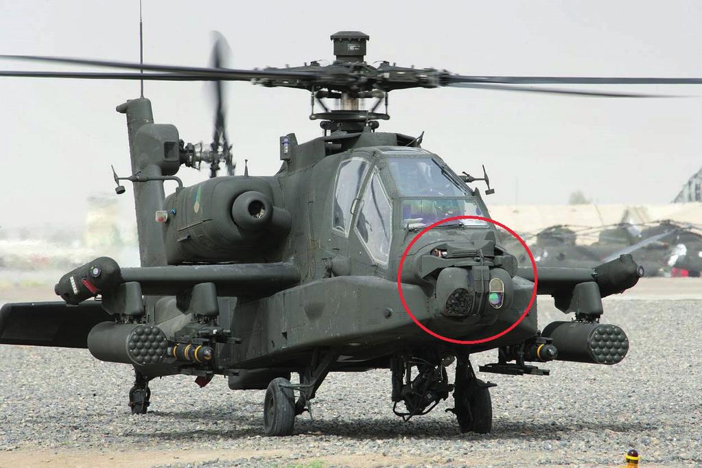 Figuur 6: Positie PNVS en (M)TADS op de neus van de Apache-helikopter (rode cirkel). (Bron: www.defensie.