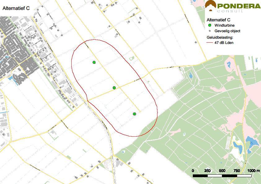 Geluid contouren alternatief C en D Rode contour geeft de grens