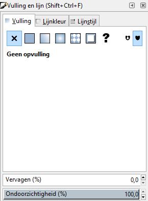 Je krijgt nu het volgende scherm. Dit scherm heeft 3 tabbladen: vulling, lijnkleur en lijnstijl. Vulling gebruik je als je je werkveld wilt opvullen met een bepaalde kleur.