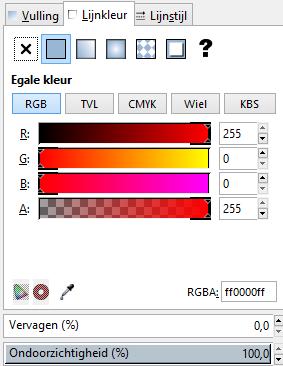 Klik ook op het icoontje voor Egale kleur om een vlakke lijn te krijgen. De kleur zetten we op R255 (rood 255) en A255.