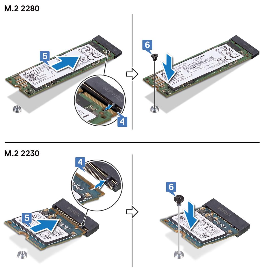 4 Lijn de inkeping op het Solid State-station/de Intel Optane geheugenmodule uit met het lipje op de sleuf van het Solid State-station/de Intel Optane geheugenmodule.