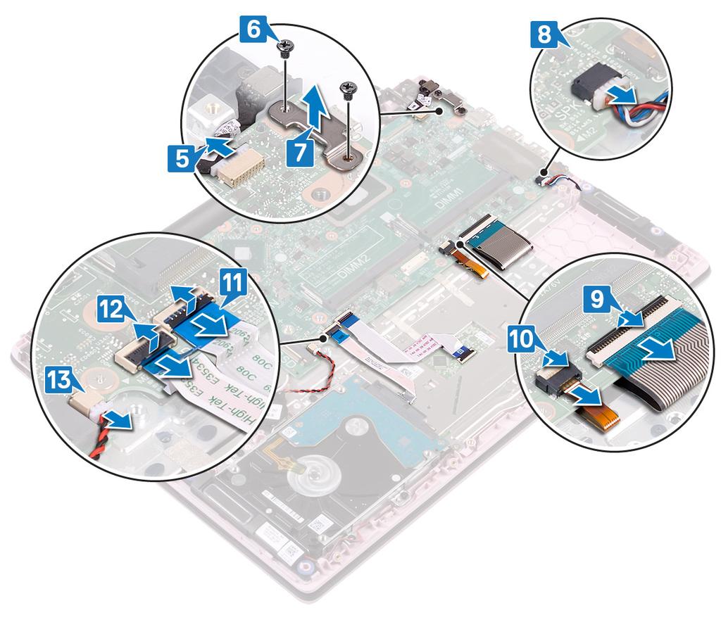 5 Trek de kabel van de netstroomadapterpoort los uit het moederbord. 6 Plaats de twee schroeven (M2x3) terug waarmee de USB Type-C-poort aan het moederbord wordt bevestigd.