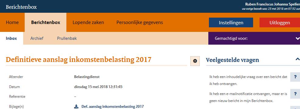 aangeboden achter het knopje instellingen ( ) dat alleen wordt getoond nádat de burger een bericht in de Berichtenbox heeft geopend.