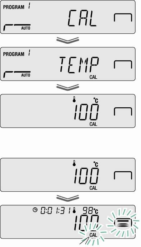 Met de toets ENTER bevestigen, de eerste gecontroleerde temperatuurpunt verschijnt. De toets START drukken, de eerste opwarmingsfase wordt gestart.