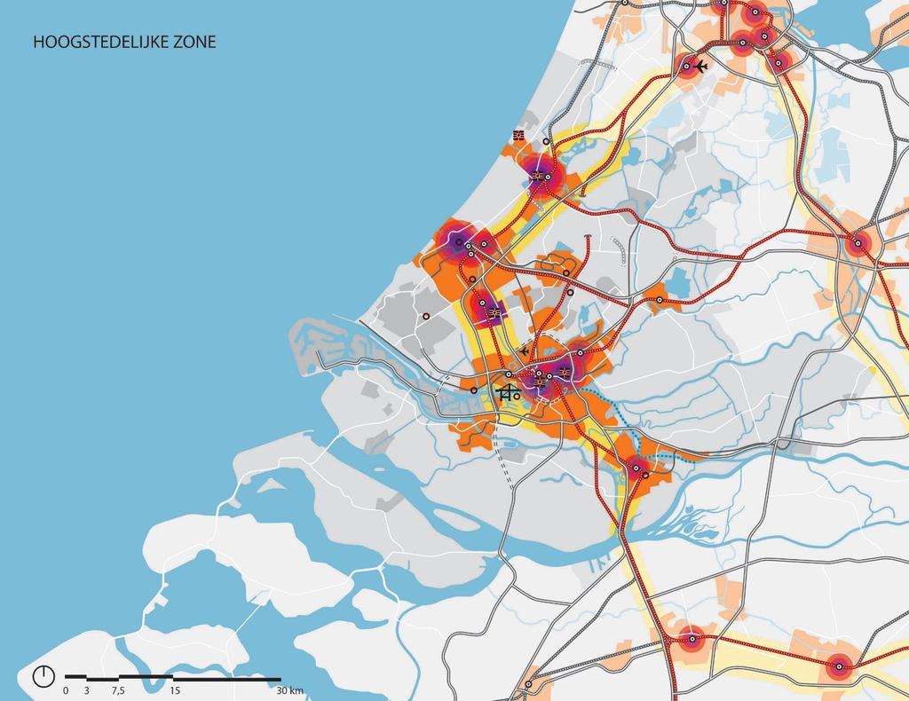 Hoogstedelijke zone Kennis, hoogstedelijke voorzieningen en de diensteneconomie zijn en worden geconcentreerd in het deel van de stedelijke agglomeratie dat ligt rond de lijn Leiden-Dordrecht.