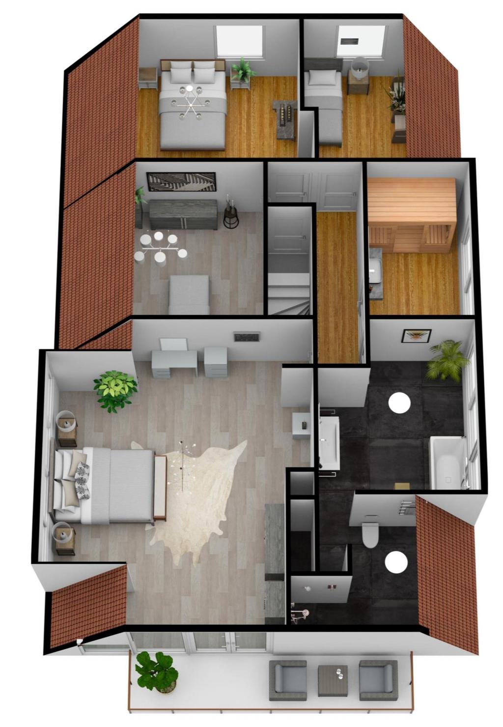 Plattegrond 1 e verdieping 3D Bovenstaande