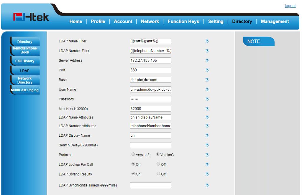 Log in on your tiptel/htek device to configure LDAP.