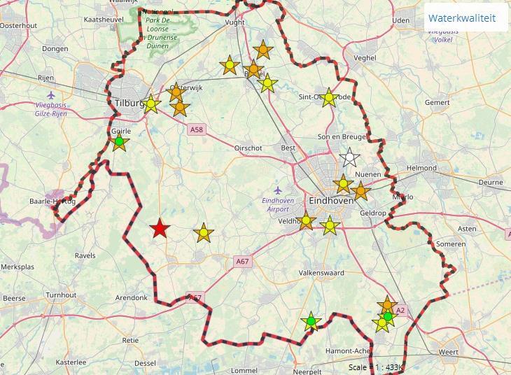 Waterkwaliteit Zuurstofconcentraties De rondjes geven de actuele zuurstofconcentratie weer, de achterliggende sterren de minimale concentratie in de afgelopen 7 dagen.