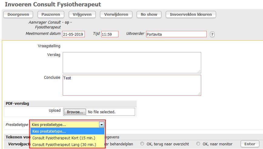 Vanaf deze oplevering kunnen er prestatietypes aangemaakt worden voor het consult fystiotherapeut.