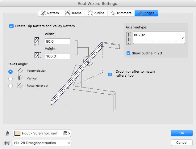 Het tabblad Ridges, hier kan de functie 'Create hip Rafters and Valley Rafters aangezet