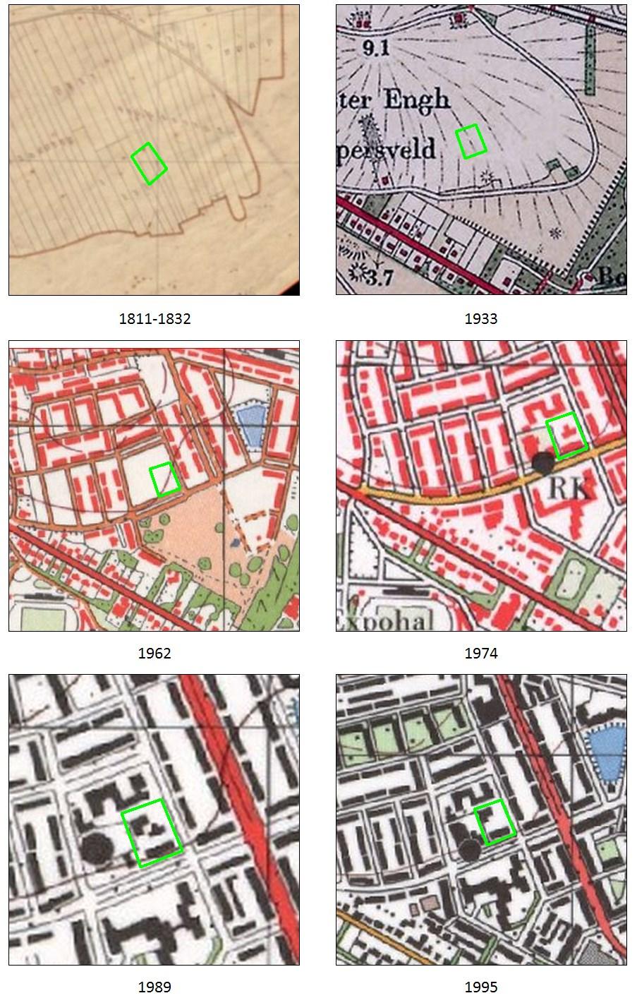 Afbeelding 5. Het plangebied geprojecteerd op uitsneden van diverse oude kaarten.