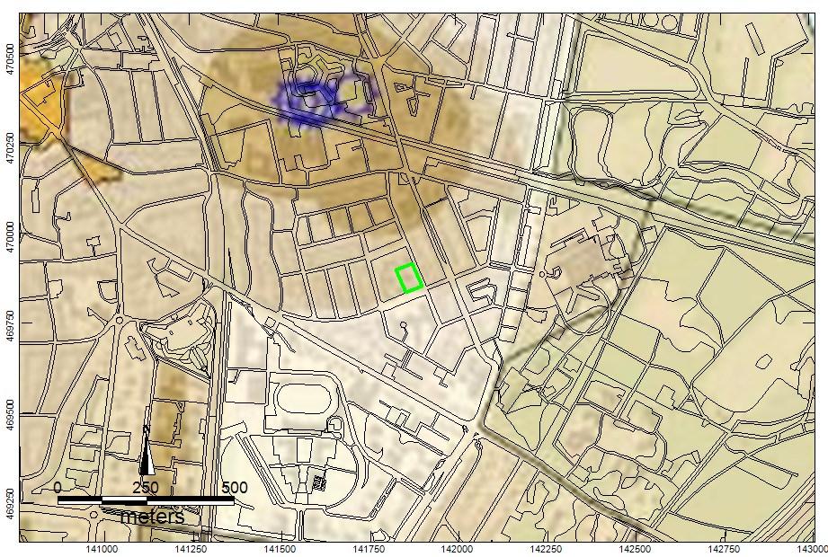 Afbeelding7. Plangebied (groen) geprojecteerd op de archeologische beleidskaart van de gemeente Hilversum.