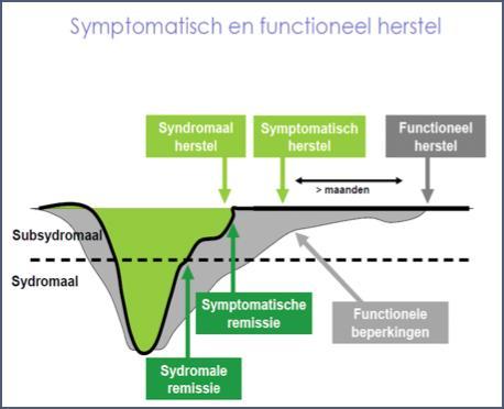 Uitgaande van bovenstaand overzicht zou gezegd kunnen worden dat de behandeling van Dimence zich richt op het bereiken van syndromale- en symptomatische remissie, inclusief het herstellen van een