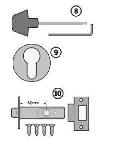 b.v. codeaanpassing 7. Pincet bij gebruik van tumblers 8. Inbussleutels groot en klein 9. 2x rozet met schroeven (optioneel) 10. Dagschoot met sluitplaat (optioneel) 11.
