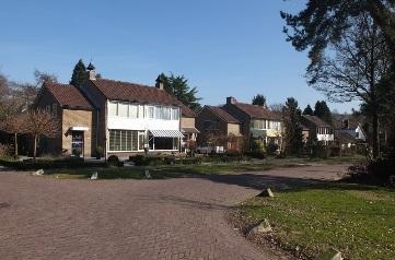 Hier is een dubbele rij vrijstaande woningen tegen een bosstrook aan gebouwd.