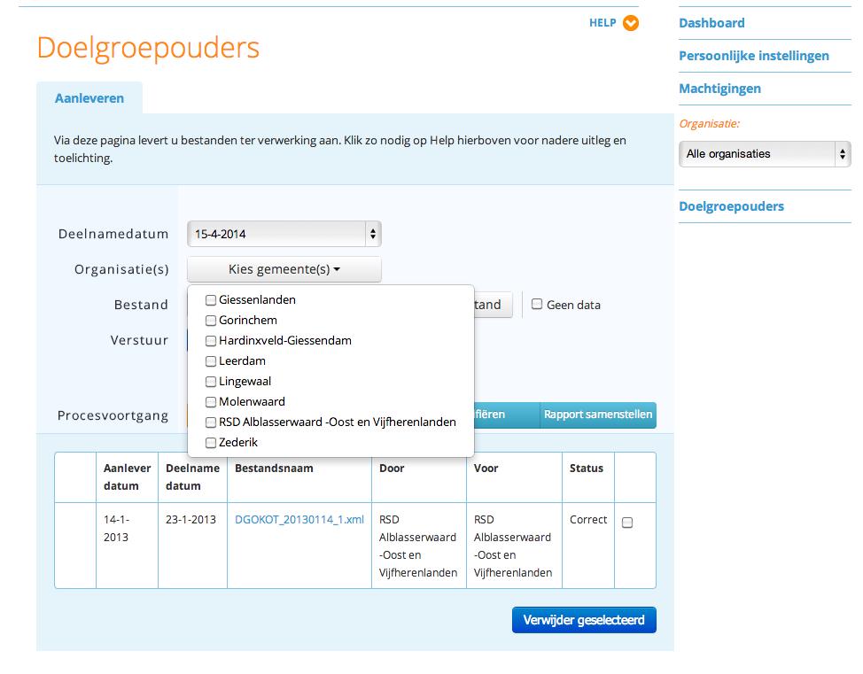 Een bestand aanleveren voor meerdere gemeenten Als u wilt aanleveren voor meerdere gemeenten in 1 bestand dan geeft u dat aan in het drop downmenu op het aanlevertabblad (zie figuur 2).