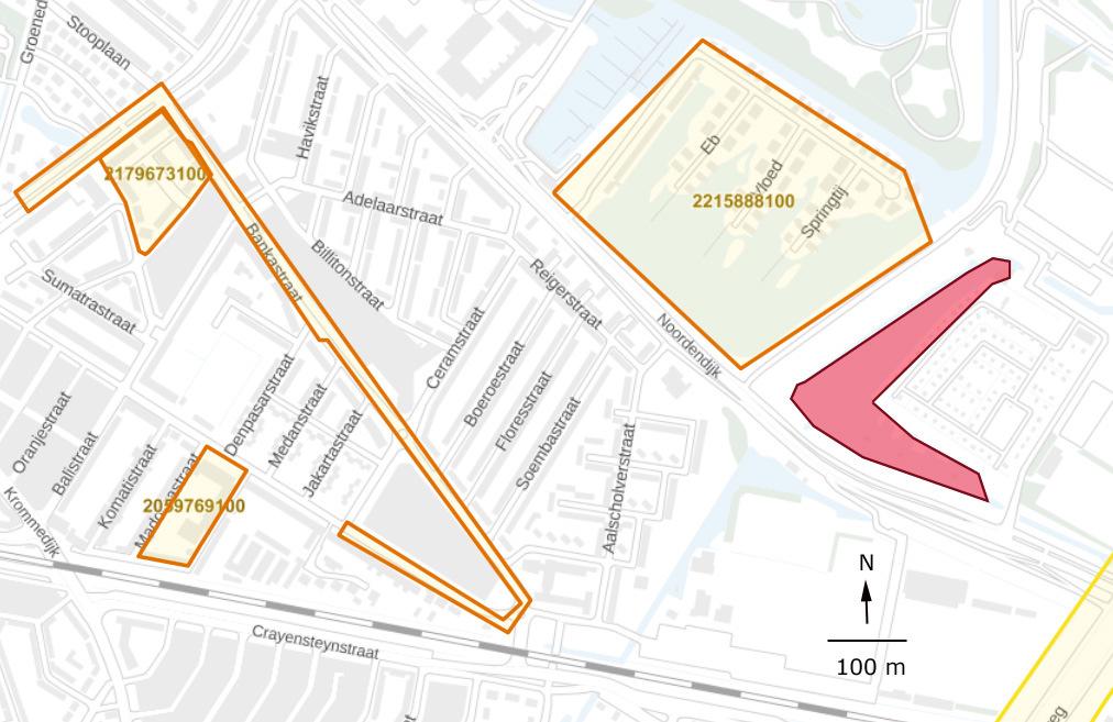 Nieuwe Noordpolderweg 1, Vlijpark, Dordrecht Ondergronds 108 Afb. 7. Een overzicht van de onderzoeken in de directe omgeving van het plangebied (rood, data uit Archis 3)