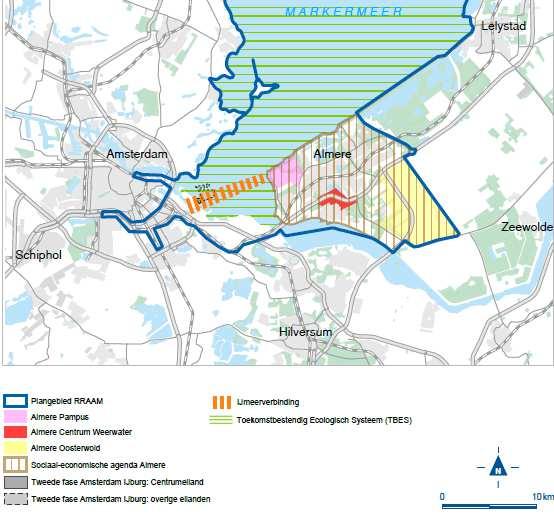 Uiteraard zijn ook de ontwikkelingen in Amsterdam, Utrecht en Amersfoort van invloed. Afbeelding: Ontwikkelbeeld Bestuursovereenkomst RRAAM en Almere 2.