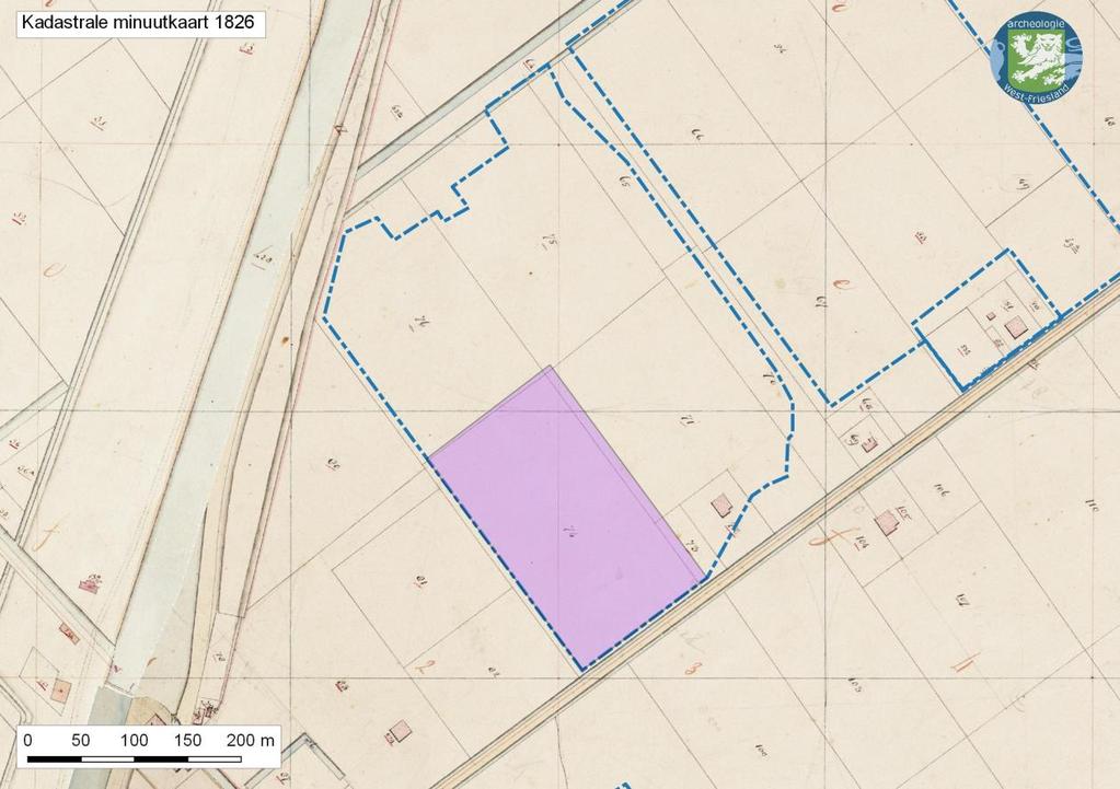 Afbeelding 4. Bestemmingsplan t Zand Noord, fase 1 (lila vlak) op de kadastrale minuut uit 1826. De historische boerderijplaats is nog aanwezig. 2.