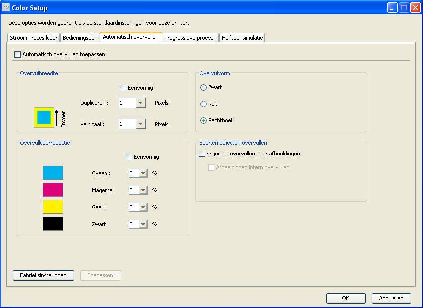 FUNCTIES VAN COLOR SETUP 38 Deelvenster Automatisch overvullen U opent het deelvenster Automatisch overvullen door te klikken op het tabblad Automatisch overvullen in het dialoogvenster Color Setup