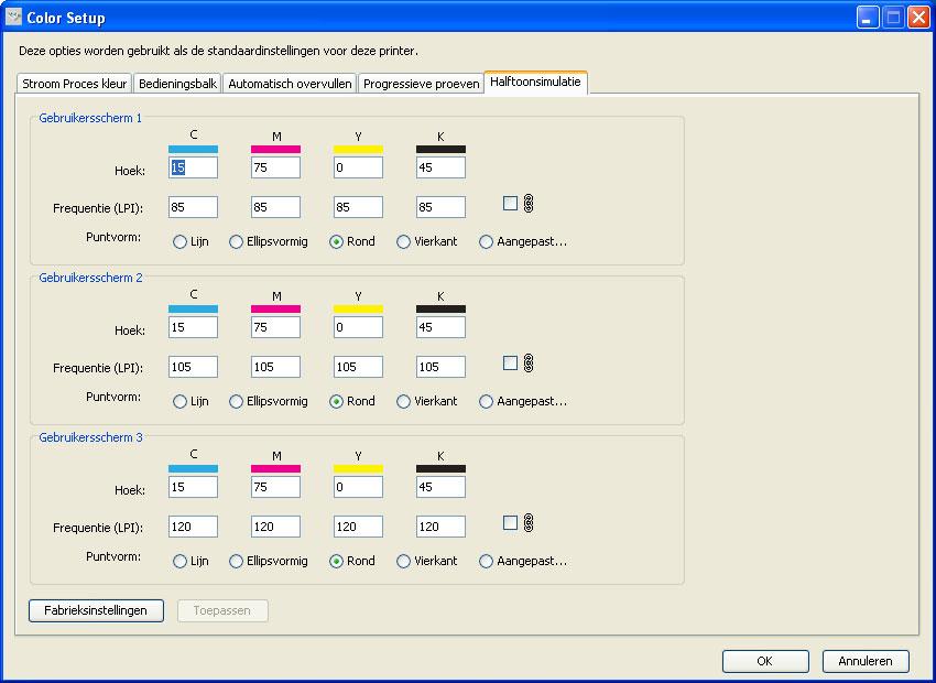 FUNCTIES VAN COLOR SETUP 48 Halftoonsimulatie deelvenster U kunt drie aangepaste halftoonrasters definiëren in het deelvenster Halftoonsimulatie.