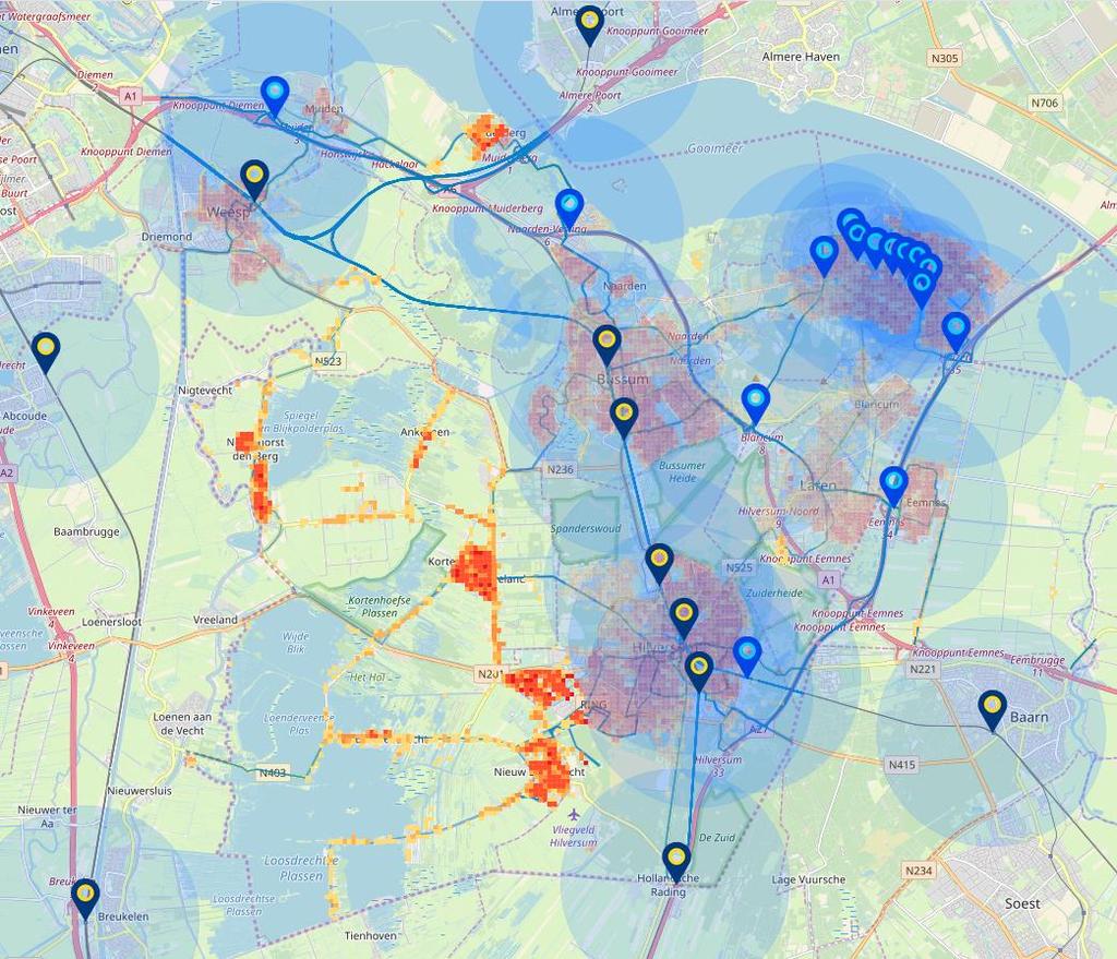 Kaart 3. NS stations en haltes HOV lijn vanaf 2022 De zwarte bakens zijn de NS stations en de blauwe bushaltes van de geplande haltes van de HOV t Gooi na oplevering in 2022.
