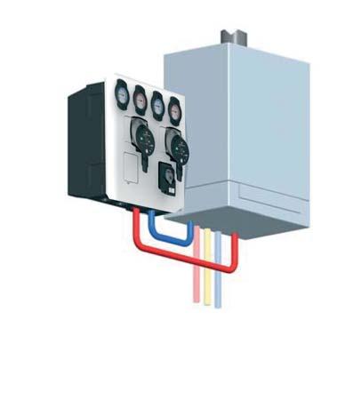 Thermax - collectorsystemen voor wandketels Het product: Bestaat uit 2 modulaire verwarmingscircuits en een Thermaxcollector met bypass. Modulair en variabel systeem, speciaal voor wandketels.