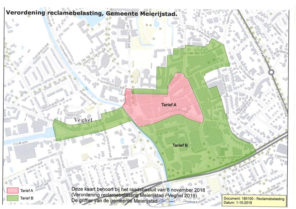 Bijlage 2 Gebiedsomschrijving en kaart behorende bij de Verordening reclamebelasting Meierijstad / Veghel De verordening is van toepassing in het gebied zoals weergegeven op onderstaande kaart.