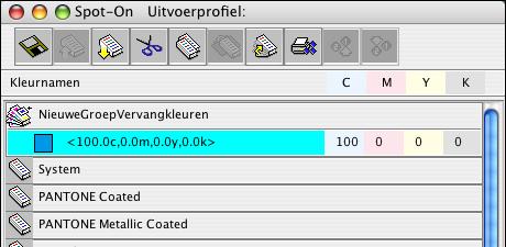 SPOT-ON 45 4 Selecteer de kleur die u wilt vervangen. 1 Uitvoerprofiel 1 5 Dubbelklik op de waarde onder C, M, Y, en K, en typ een nieuw nummer voor elk kleurkanaal.