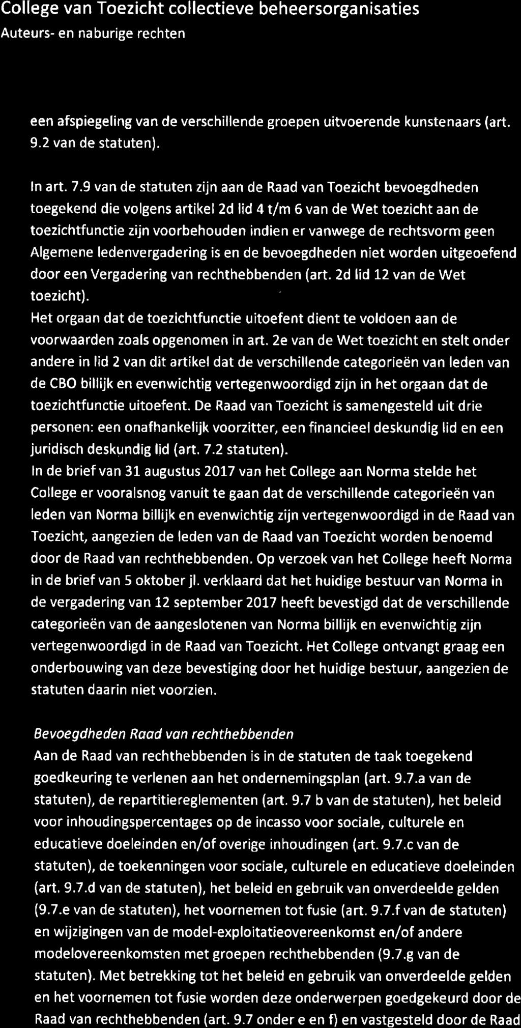 College van Toezicht collectieve beheersorganisaties een afspiegelíng van de verschillende groepen uítvoerende kunstenaars (art. 9.2 van de statuten). ln art. 7.