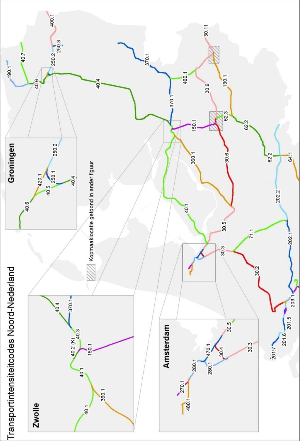 31 4. Bijlagen 4.1. Overzicht Basisnet Routecodering en transportintensiteitcodes De figuren 21 en 22 tonen de routecodering (getal voor de. ) en transportintensiteitcodes (getal na de.