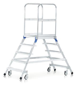 Ladders en traen/ verrijdbare platfortraen Platfortrap, verrijdbaar, tweezijdig oploopbaar, voorzien van platfor en treden, geaakt van lichtetaal Maxiale flexibiliteit bij op- en aflopen, grote