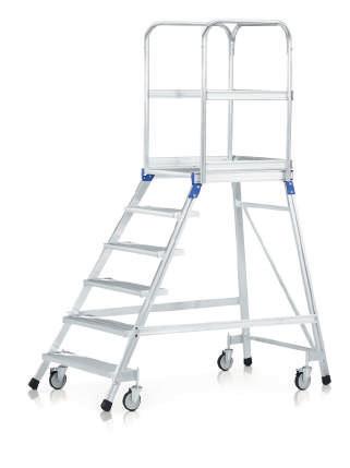 Ladders en traen/ verrijdbare platfortraen Platfortrap, verrijdbaar, eenzijdig oploopbaar, voorzien van treden en platfor, geaakt van lichtetaal Veilige en lichte toepassing voor flexibel werken: