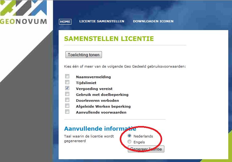 2.2 Meertalige licentieteksten genereren De geogedeeld licentiegenerator kan ook Engelstalige licentieteksten genereren. Klik hiervoor op de radiobutton Engels (zie Figuur 7).