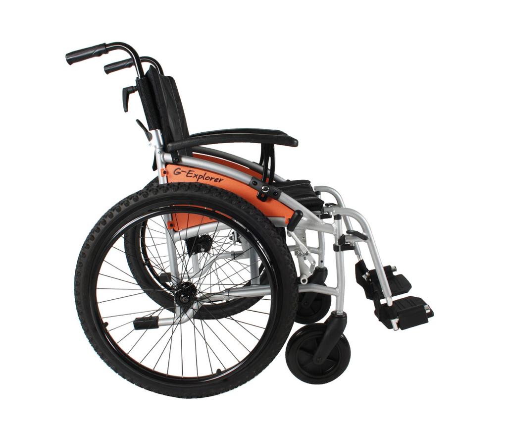 2. Algemene informatie 2.1. Componenten en opbouw van uw rolstoel 1. Ergonomisch gevormde duwhandvatten 2. Neerklapbare rugleuning 3. Armleuningen 4. 24 achterwielen (Quick-Release) 5. Zitting 6.