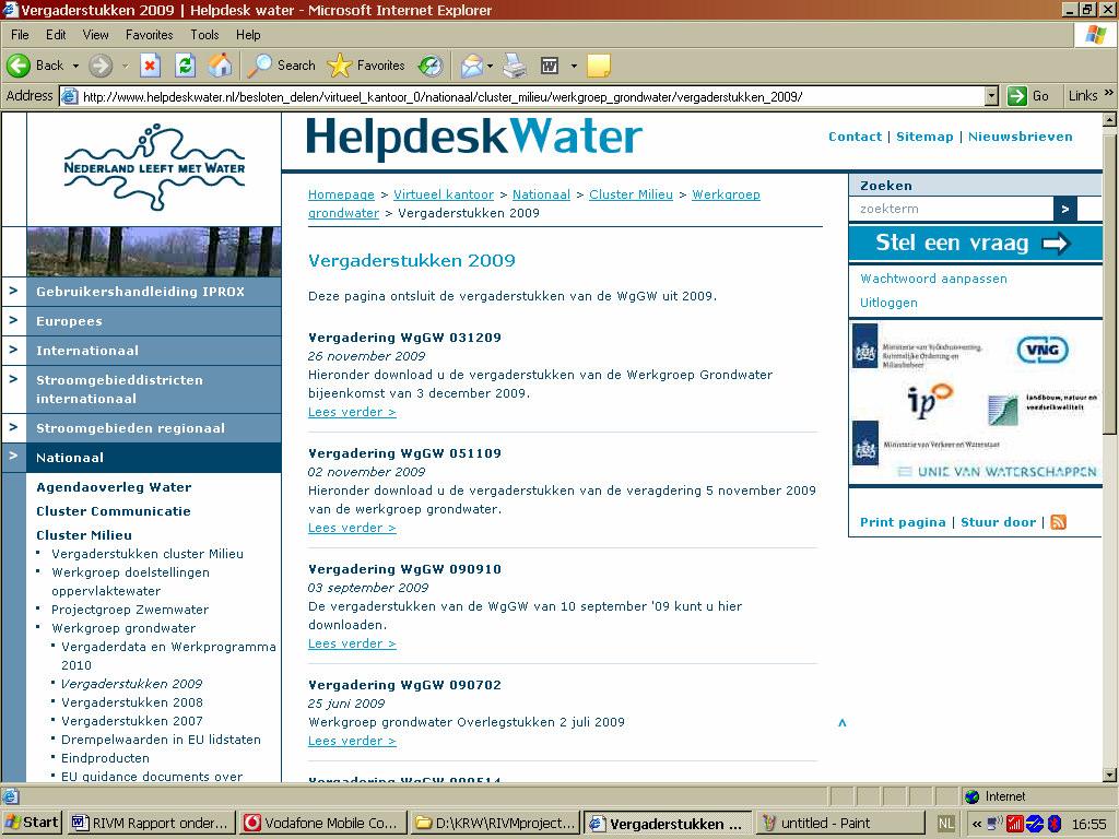 Figuur 5.2. Screendump van de werkgroep grondwater map op het Virtueel Kantoor (http://www.helpdeskwater.